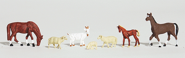 Woodland Scenics 1844 HO, Livestock, Horse, Goat, Sheep, Lamb, 7 Pieces