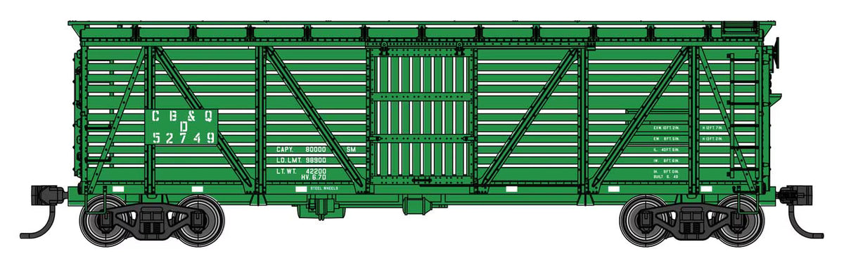 Walthers Mainline 910-41505 HO, 40' Wood Stock Car, CBQ 52749-D