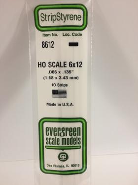 Evergreen 8612 Strips, HO Scale 6 x 12, .066" x .135" (1.68 mm x 3.43 mm) (10 Pieces)