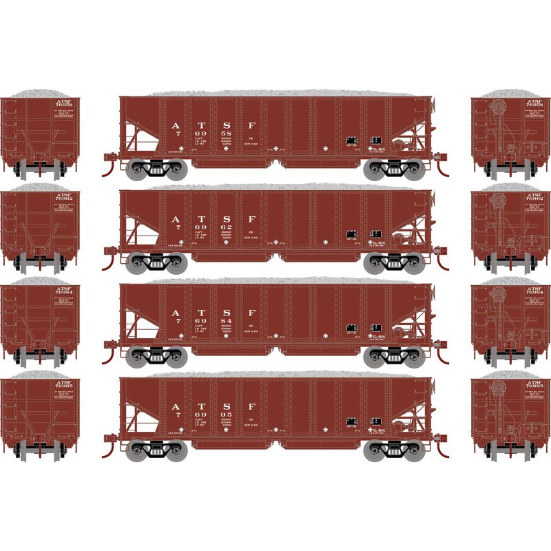 Athearn 7634 HO, 40' Outside Braced Ballast Hopper, 4 - Pack, ATSF - House of Trains