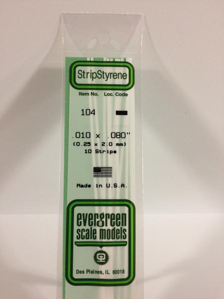 Evergreen 104 Strips, .010" x .080", 0.25 x 2.0 mm, 10 Pieces - House of Trains
