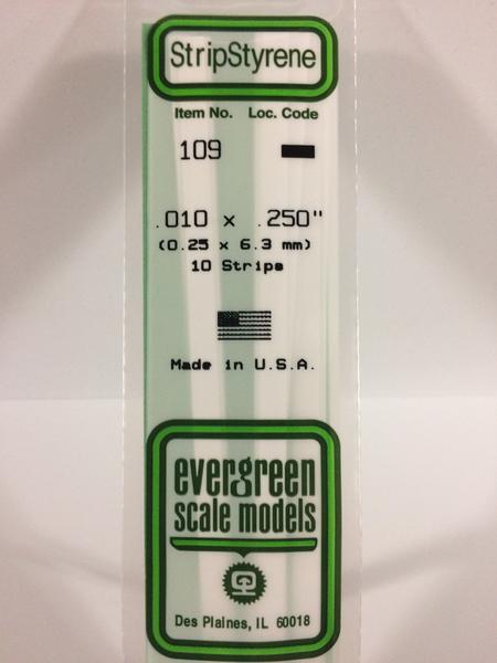 Evergreen 109 Strips, .010" x .250", 0.25 x 6.3 mm, 10 Pieces - House of Trains