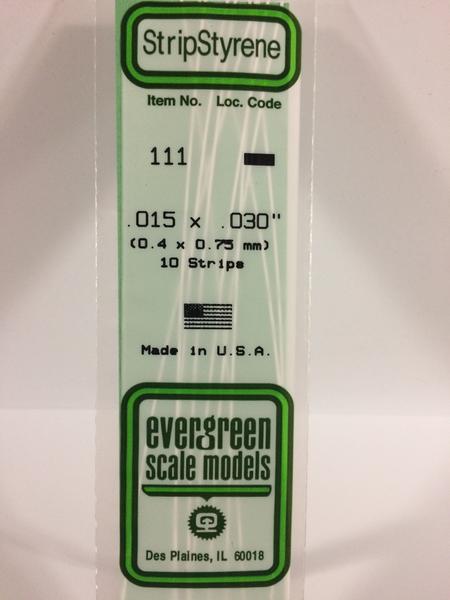 Evergreen 111 Strips, .015" x .030" (0.38 x 0.75 mm) (10 Pieces) - House of Trains