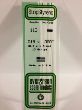 Evergreen 113 Strips, .015" x .060" (0.38 x 1.5 mm) (10 Pieces) - House of Trains