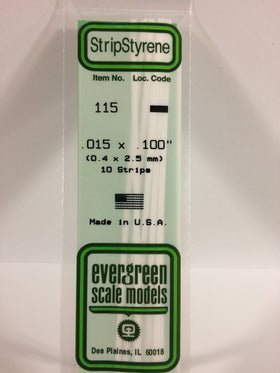 Evergreen 115 Strips, .015" x .100" (0.4 x 2.5 mm) (10 Pieces) - House of Trains
