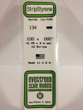 Evergreen 134 Strips, .030" x .080" (0.75 mm x 2.0 mm) (10 Pieces) - House of Trains