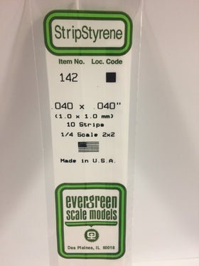 Evergreen 142 Strips, .040" x .040", 1.0 x 1.0 mm, 10 Pieces - House of Trains
