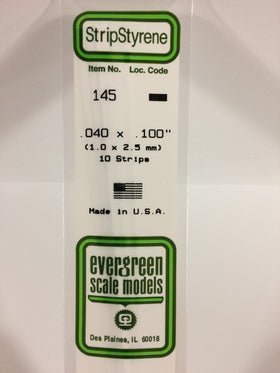 Evergreen 145 Strips, .040" x .100", 1.0 x 2.5 mm, 10 Pieces - House of Trains