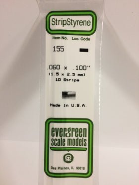 Evergreen 155 Strips, .060" x .100", 1.5 x 2.5 mm, 10 Pieces - House of Trains