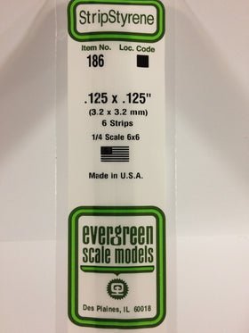 Evergreen 186 Strips, .125" x .125", 3.2 x 3.2 mm, 6 Pieces - House of Trains