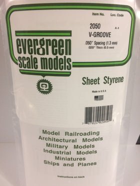 Evergreen 2050 V-Groove, Siding, .050" (1.3mm) Spacing x .020 (0.5mm) Thick (1 Piece) - House of Trains