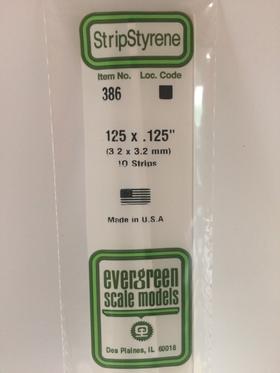 Evergreen 386 Strips, .125" x .125", 3.2 x 3.2 mm, 10 Pieces - House of Trains