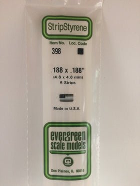Evergreen 398 Strips, .188" x .188", 4.8 x 4.8 mm, 6 Pieces - House of Trains