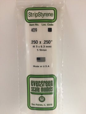 Evergreen 409 Strips, .250" x .250", 6.3 x 6.3 mm, 5 Pieces - House of Trains