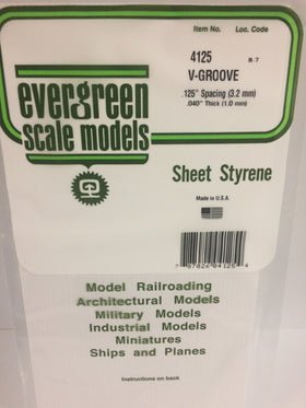 Evergreen 4125 V - Groove, Siding, .125" (3.2mm) Spacing x .040 (1.0mm) Thick (1 Piece) - House of Trains