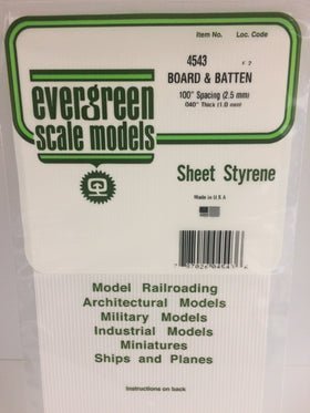 Evergreen 4543 Board and Batten Siding, .100" Spacing x .040 Thick (2 Pieces) - House of Trains