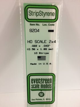 Evergreen 8204 Strips, HO Scale 2 x 4, .022" x .043", 0.56 mm x 1.09 mm, 10 Pieces - House of Trains