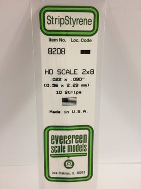 Evergreen 8208 Strips, HO Scale 2 x 8, .022" x .090", 0.56 mm x 2.29 mm, 10 Pieces - House of Trains