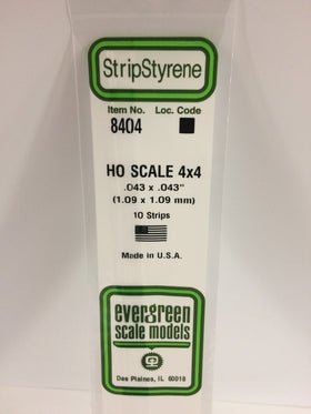 Evergreen 8404 Strips, HO Scale 4 x 4, .043" x .043", 1.09 mm x 1.09 mm, 10 Pieces - House of Trains