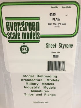 Evergreen 9080, Plain, Styrene, Sheet, .080" (2.0mm) x 6" x 12", 1 Piece - House of Trains