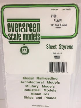 Evergreen 9100, Plain, Styrene, Sheet, .100" (2.5mm) x 6" x 12", 1 Piece - House of Trains