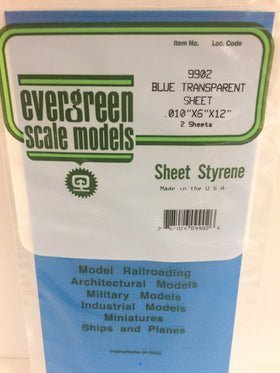 Evergreen 9902, Blue, Translucent, 6"x12", .010" (0.5mm) Thick (2 Pieces) - House of Trains