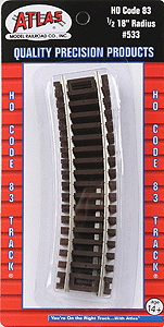 Atlas 533 HO, Code 83, 18" Radius 1/3 Curve, 15 Degree, 4 Pieces