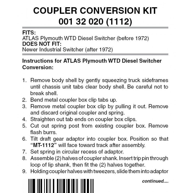 Micro Trains 001 32 020 (1112) N Coupler Conversion Kit, Atlas WTD Diesel Switcher, Pre-1972, Black - House of Trains