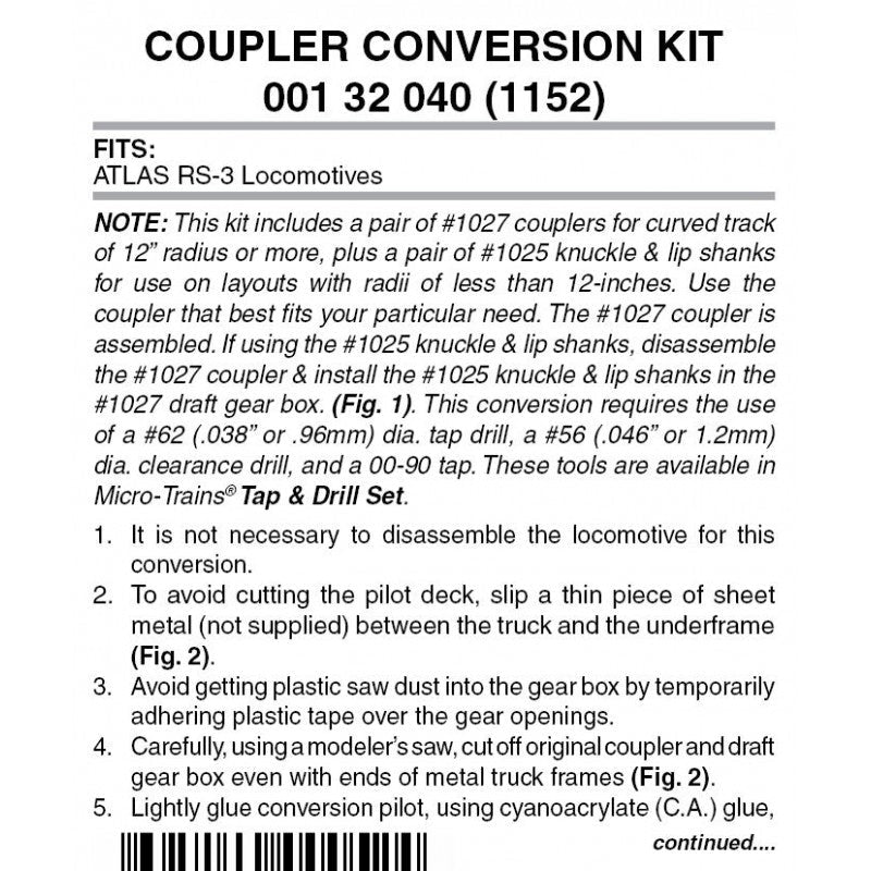 Micro Trains 001 32 040 (1152) N Coupler Conversion Kit, Atlas RS - 3 with Black Pilot, Black (1 Pair) - House of Trains