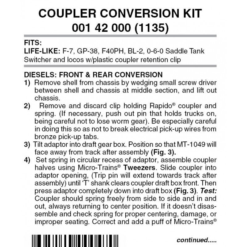 Micro Trains 001 42 000 (1135) N Coupler Conversion Kit, Life - Like Engines, Black - House of Trains