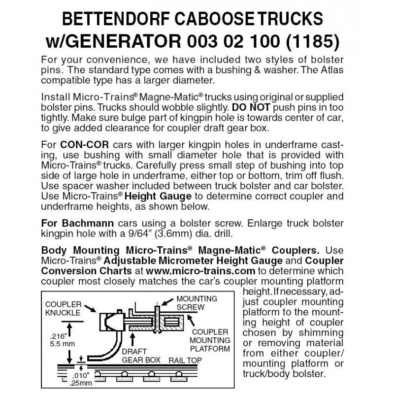 Micro Trains 003 02 100 N Bettendorf Swing Motion Caboose Trucks, With Generator - House of Trains