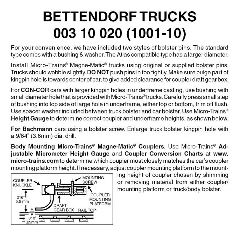Micro Trains 003 10 020 (1001 - 10) N, 10 Pair, Bulk Pack, Bettendorf Trucks, No Coupler (20 Trucks) - House of Trains