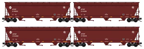 Micro - Trains Line 983 00 237 N, 3 Bay Covered Hopper, Elongated Hatches, 4 - Pack, Atchison Topeka and Santa Fe, ATSF, 314003, 314399, 314400, 314534 - House of Trains