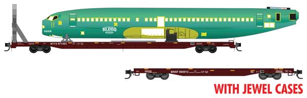 Micro - Trains Line 983 02 276 N, Fuselage 2 - Pack, 89' TOFC Flat Car, MTTX BNSF 971483, 60' Wood Deck Modern Flat Car MTTX BNSF 800012, 10,000th Fuselage and support parts, some assembly required - House of Trains
