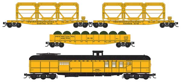 Micro - Trains Line 983 02 277 N, Pennsylvania Railroad, Maintenance of Way Wire Train, 4 - Pack, 50' Flat Car Tower Cars PRR 489782, 489804, 50' Flat Car Spools PRR 489558, 70' Heavyweight Mail Baggage Tool Car, PRR 495204, some assembly required - House of Trains