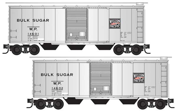 Micro - Trains Line 983 02 278 N, 40' Standard Box Car, Single Door, 2 - Pack, Western Pacific, Bulk Sugar, WP 14601, 14602, Hatches and Bay Outlet Gates - some assembly required - House of Trains