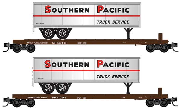 Micro - Trains Line 983 02 280 N, 57' Converted TOFC Flat Car, Southern Pacific, SP 510449, 510463, Trailer, Southern Pacific Truck Service, PMTZ 200287, 200289 - House of Trains