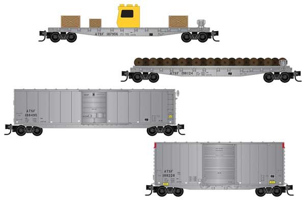 Micro - Trains Line 983 02 281 N, Atchison Topeka and Santa Fe Maintenance of Way Train 4 - Pack, 50' Flat Car ATSF 187956, 198124, 50' Box Car ATSF 188495, 40' Hy - Cube Box Car ATSF 188228, unpainted flat car wheel load and crates - House of Trains