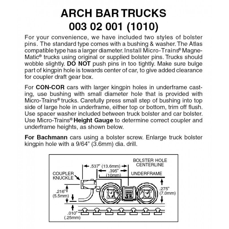 MTL 003 02 001 (1010) N Arch Bar Trucks, Short Extension Mounted Magne - Matic Couplers - House of Trains