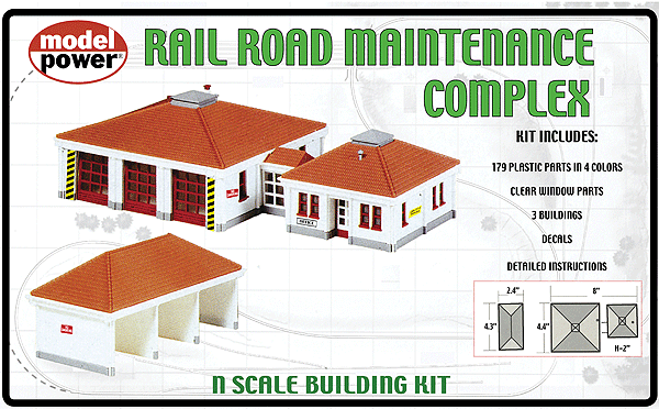 Model Power 1584 N Scale, Rail Road Maintenance Complex, 3 Buildings, Plastic Kit, 4 Colors