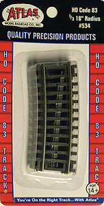 Atlas 534 HO, Code 83, 18" Radius 1/3 Curve, 10 Degree, 4 Pieces