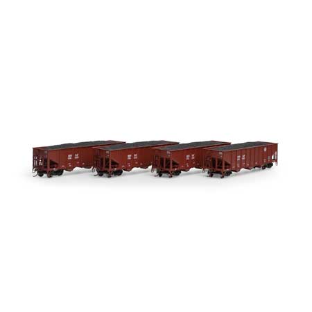 Athearn 15158 HO 40' 3-Bay Ribbed-Side Open Hopper, Coal Load, 4-Pack, BNSf Railway - House of Trains