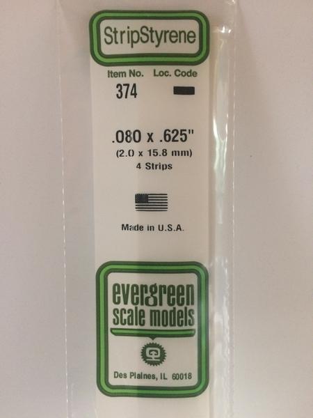 Evergreen 374 Strips, .080" x .625", 2.0 x 15.8 mm, 4 Pieces - House of Trains