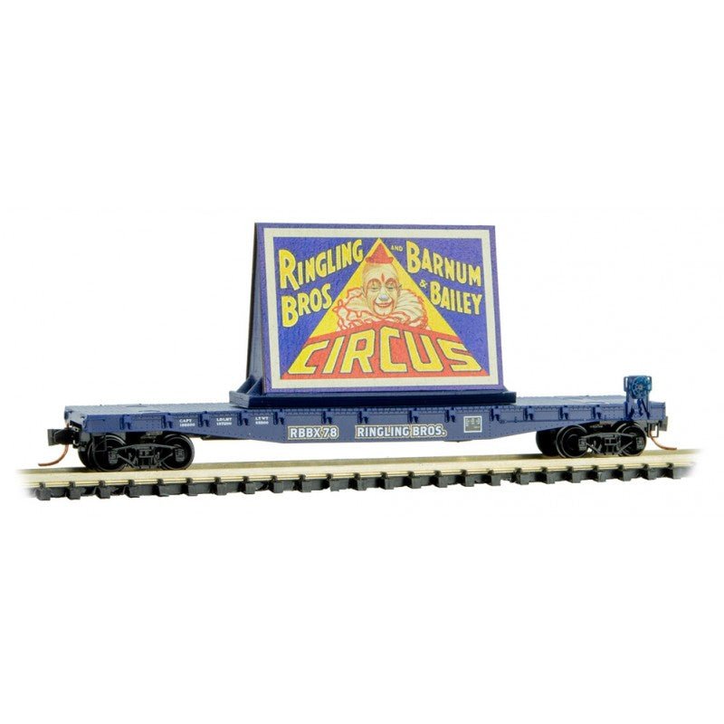 Micro Trains 045 00 521 N 50' Flat Car, Fishbelly Side, Clown Billboard 1, RBBX, 78 - House of Trains