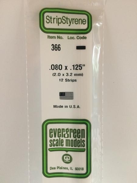Evergreen 366 Strips, .080" x .125", 2.0 x 3.2 mm, 12 Pieces
