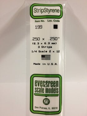 Evergreen 199 Strips, .250" x .250", 6.3 x 6.3 mm, 3 Pieces