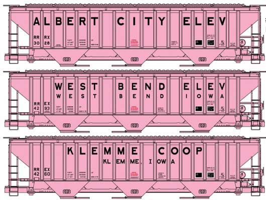 Accurail 8182 HO, Pullman Standard Covered Hopper, 3 Pack, Pink Co-Op , Albert City Elevator, Klemme Co-Op, West Bend Elevator