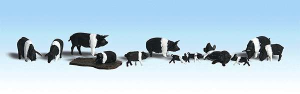Woodland Scenics 1864 HO, Hampshire Pigs, Black and White, 12 Pieces