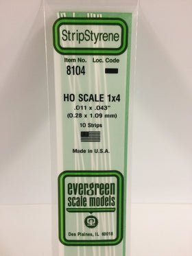Evergreen 8104, HO Scale 1 x 4, .011" x .043", 0.28 mm x 1.09 mm, 10 Pieces