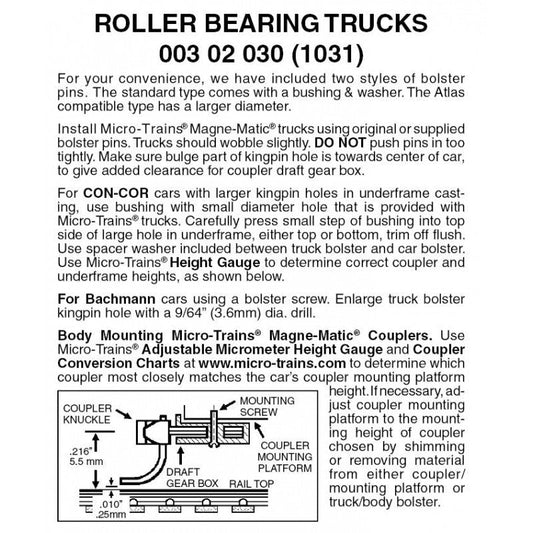 Micro Trains 003 02 030 (1033) N Roller Bearing Trucks without Couplers, Black (1 Pair)